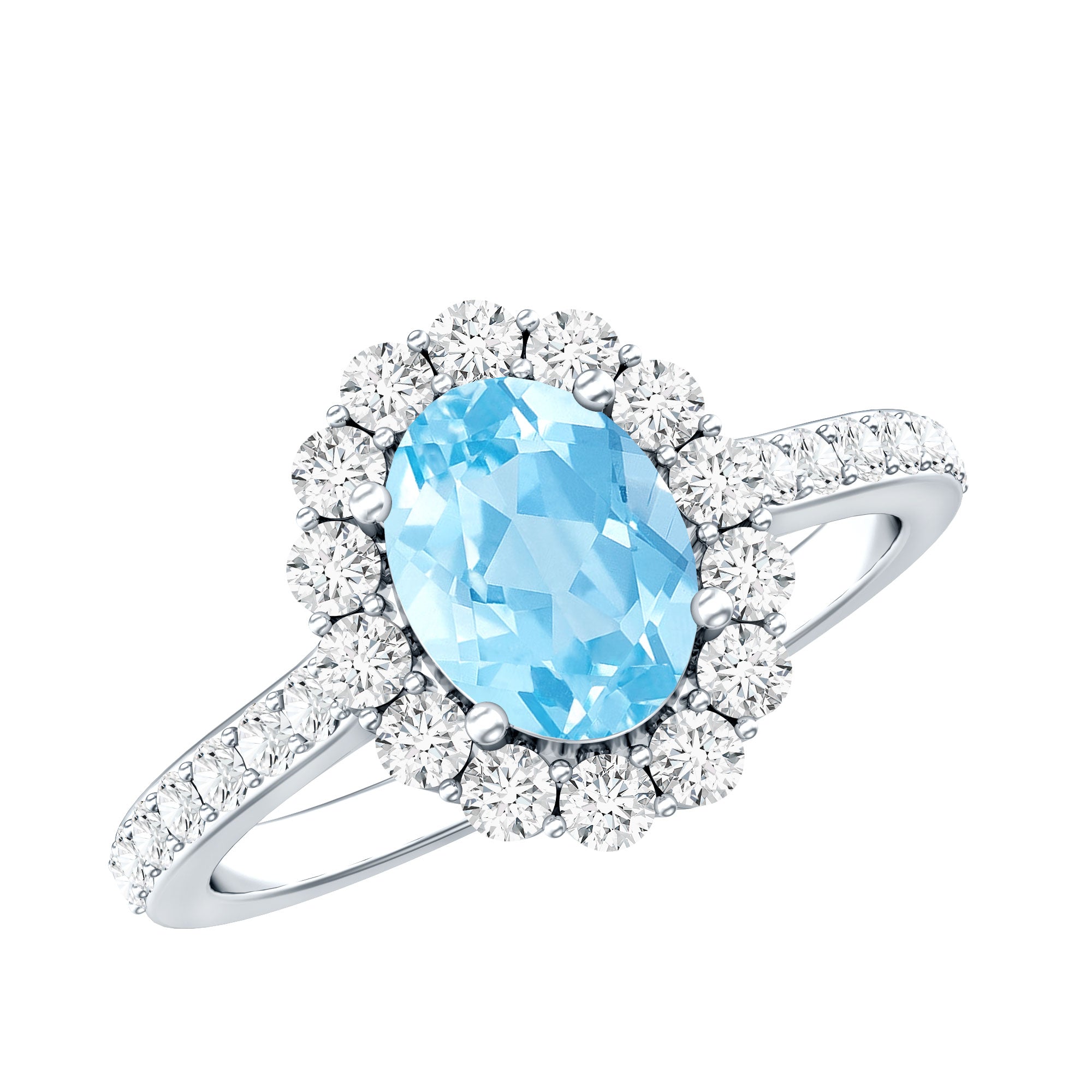 Real 1 Carat Oval Shape Aquamarine Halo Engagement Ring with Certificate