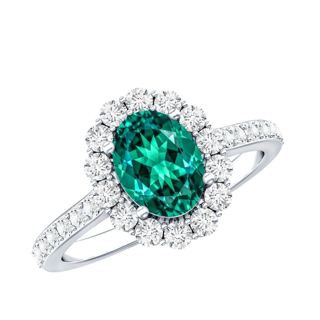 Certified 1.2 Carat Oval Lab Grown Emerald Halo Engagement Ring