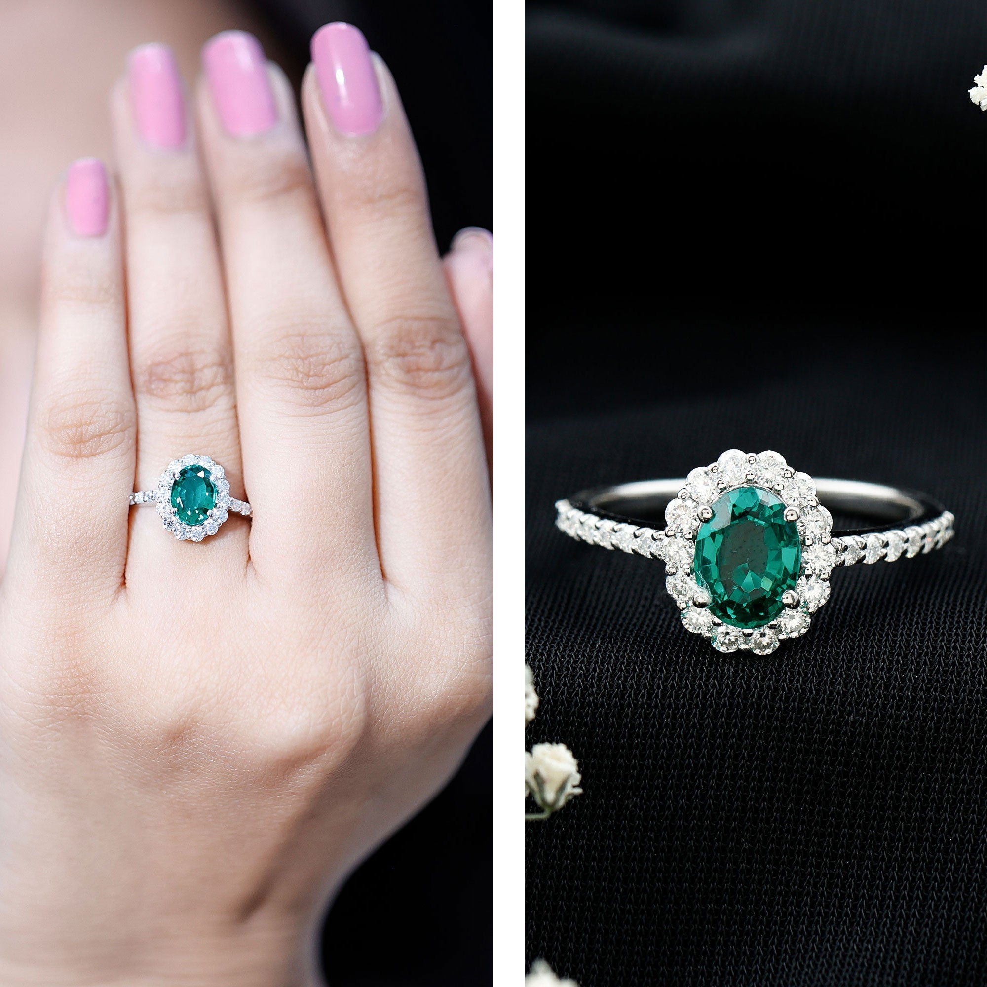 Certified 1.2 Carat Oval Lab Grown Emerald Halo Engagement Ring