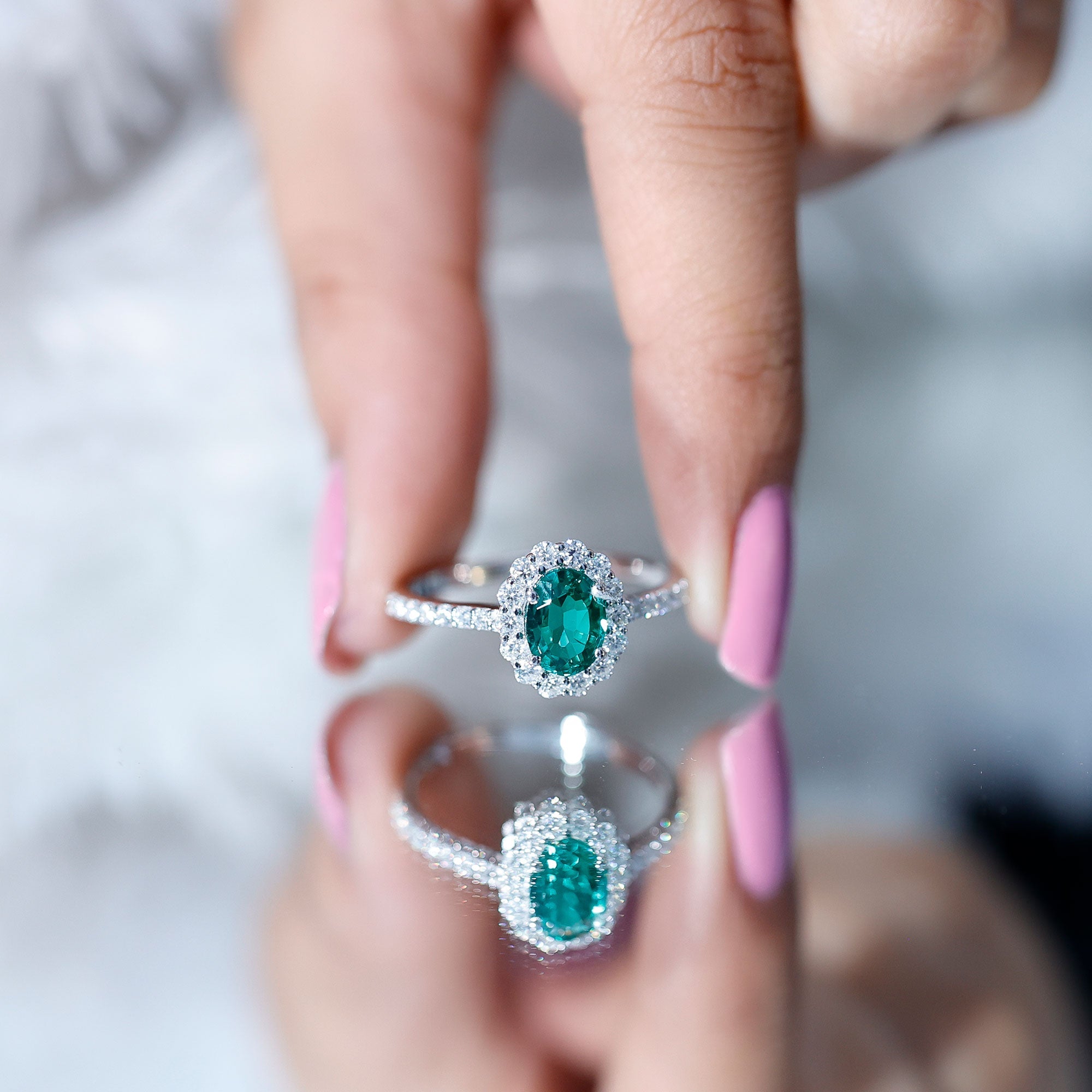 Certified 1.2 Carat Oval Lab Grown Emerald Halo Engagement Ring