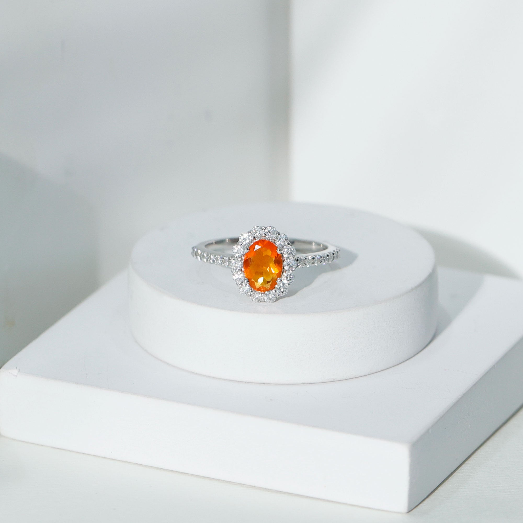 Orange Fire Opal Oval Shape Engagement Ring with Moissanite