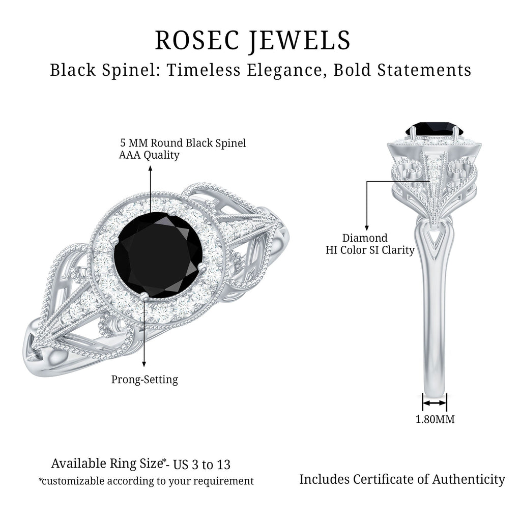 Vintage Inspired Black Spinel and Diamond Engagement Ring