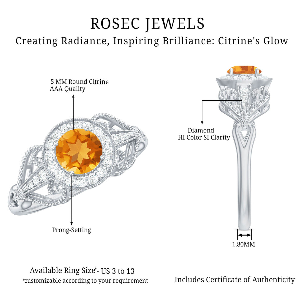 Vintage Style Citrine Engagement Ring with Diamond Halo