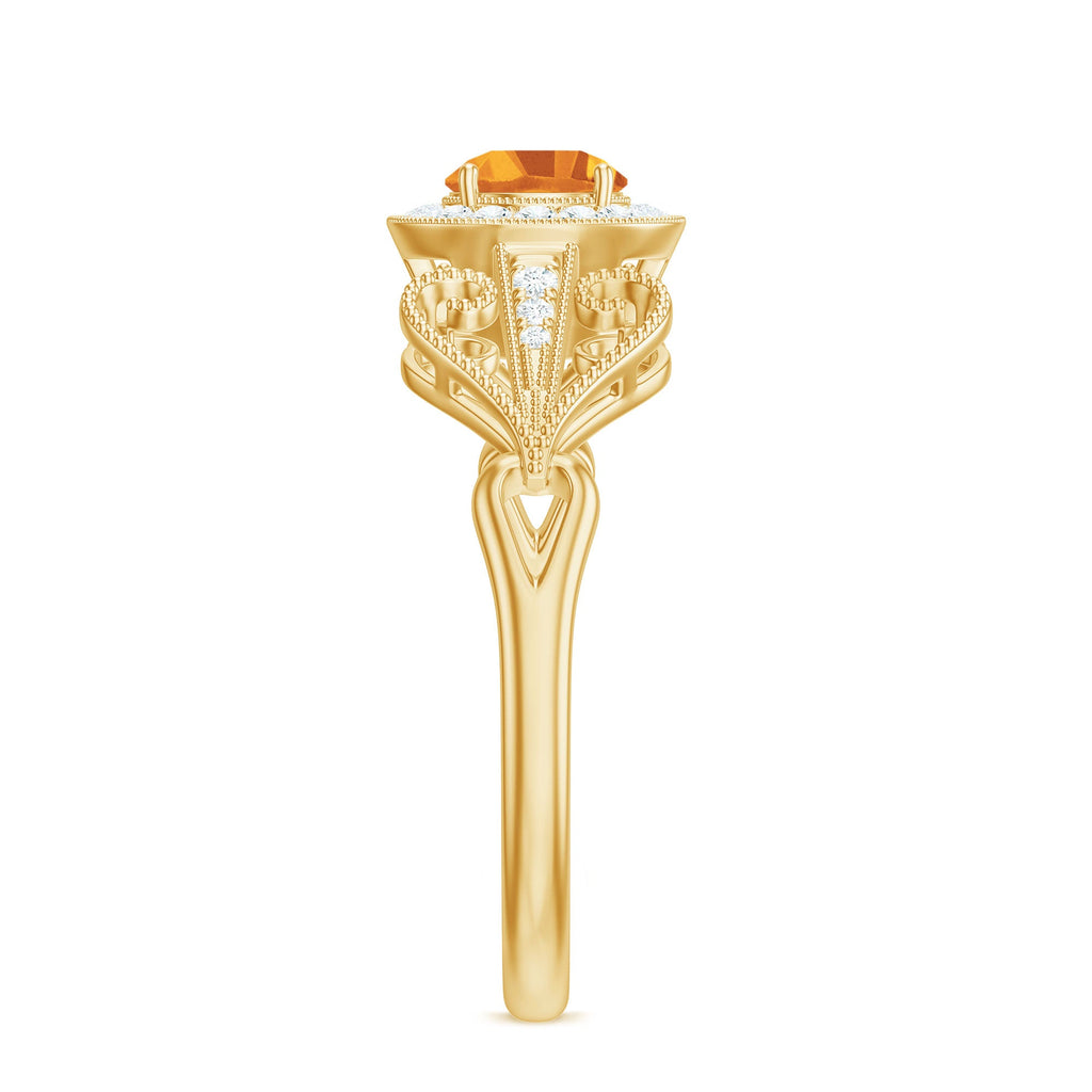 Vintage Style Citrine Engagement Ring with Diamond Halo