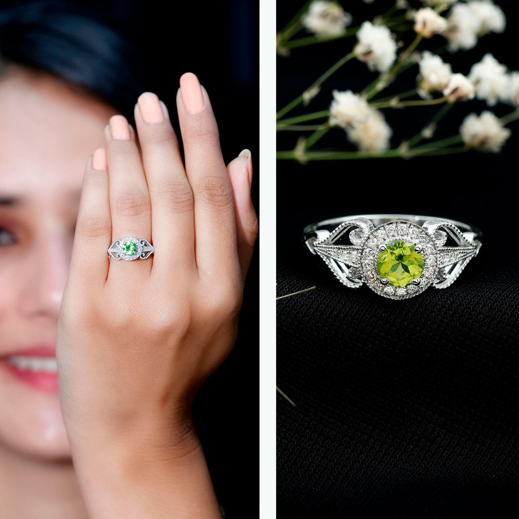 Vintage Inspired 0.5 Carat Peridot Engagement Ring with Diamond Halo