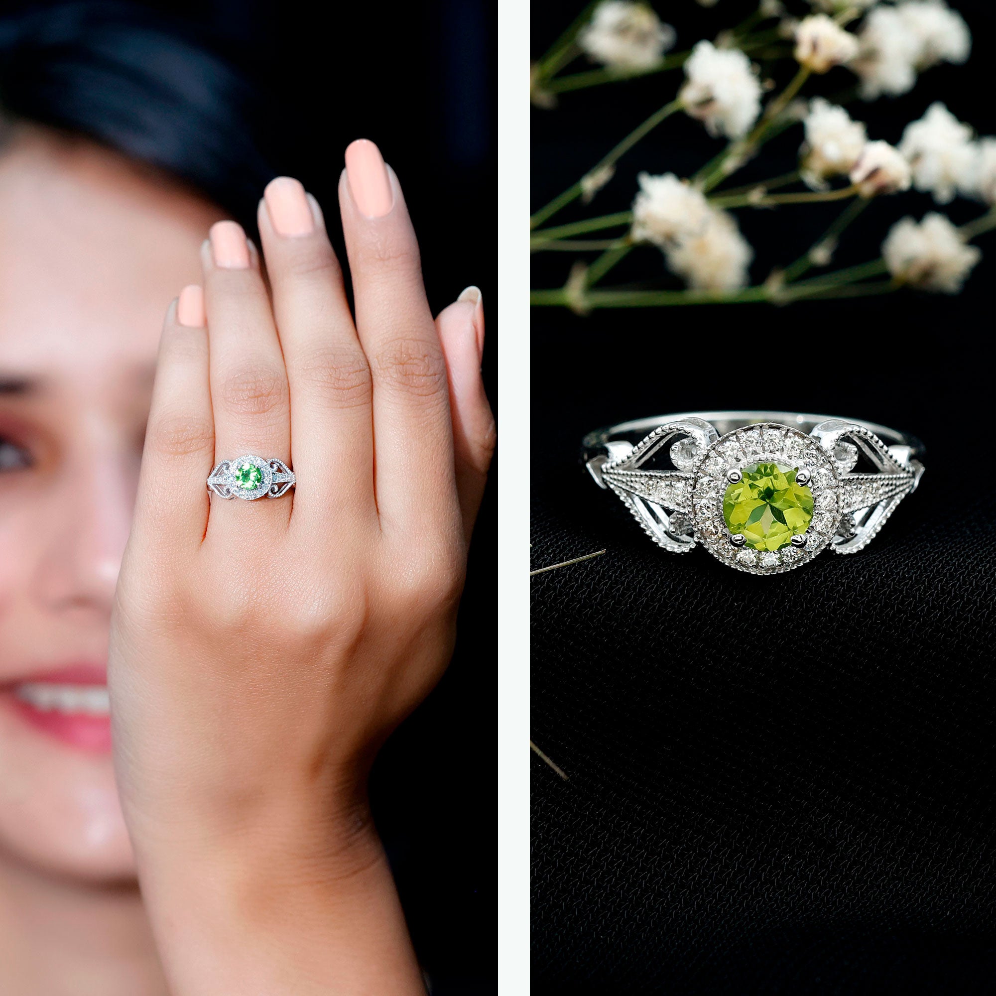 Vintage Inspired 0.5 Carat Peridot Engagement Ring with Diamond Halo