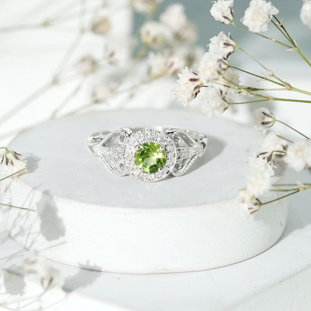 Vintage Inspired 0.5 Carat Peridot Engagement Ring with Diamond Halo