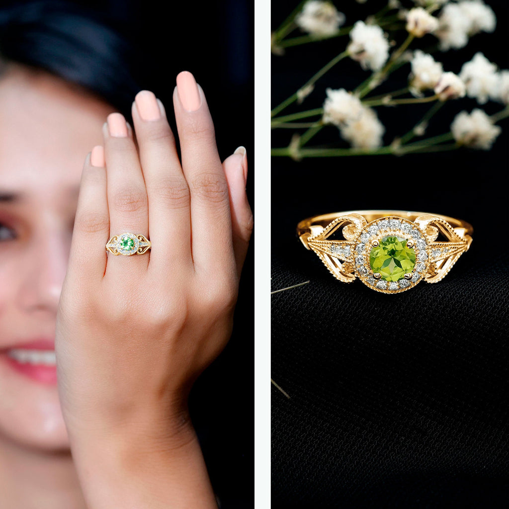 Vintage Inspired 0.5 Carat Peridot Engagement Ring with Diamond Halo