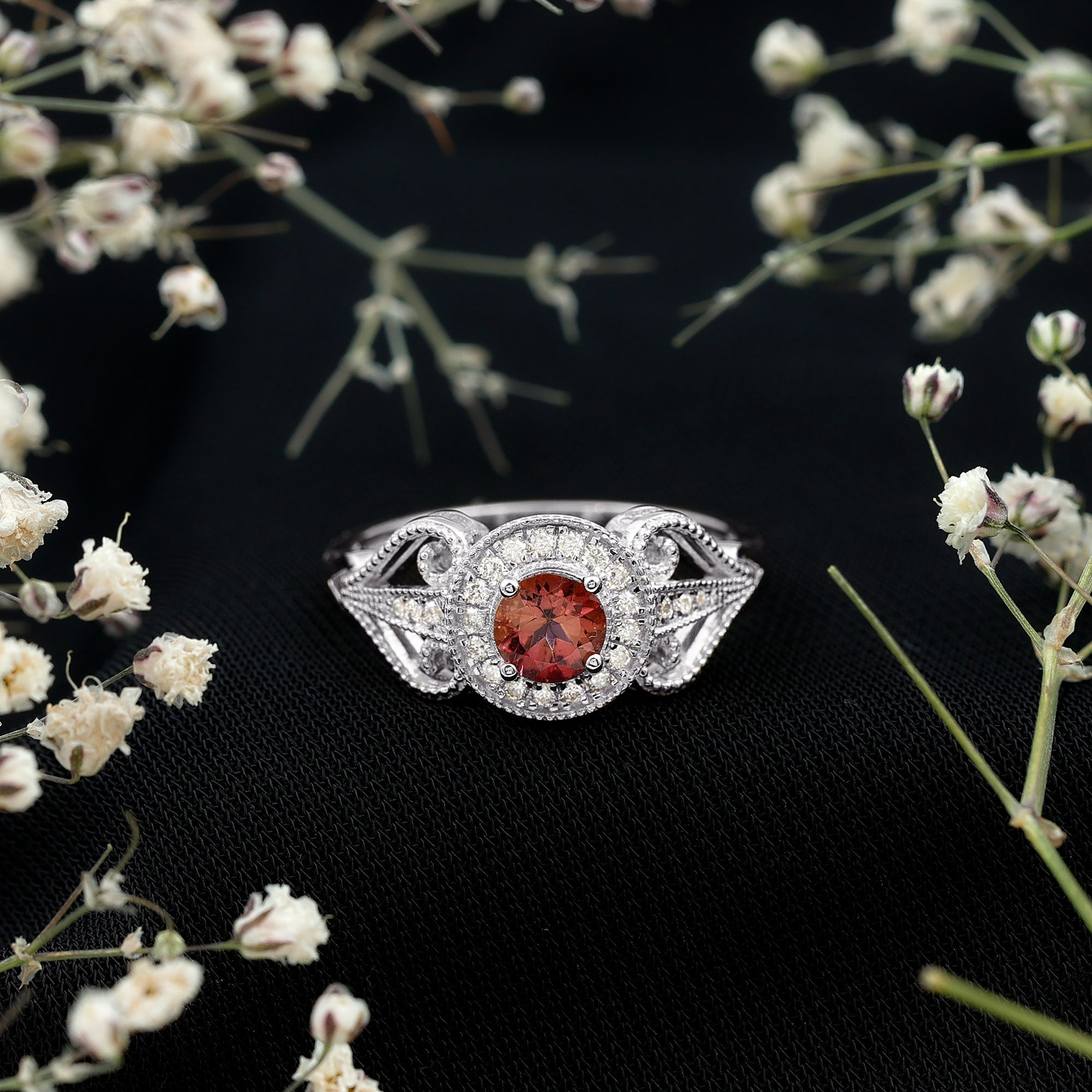Vintage Pink Tourmaline Diamond Engagement Ring with Halo