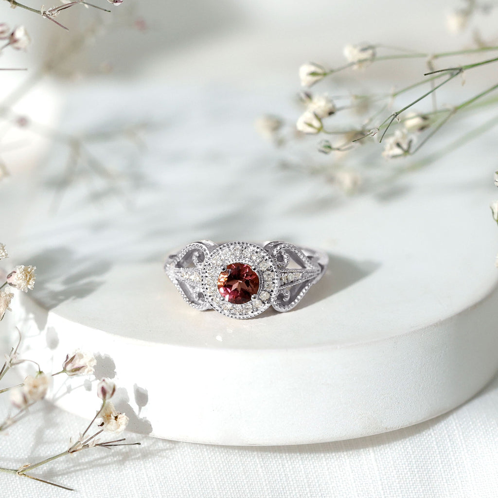 Vintage Pink Tourmaline Diamond Engagement Ring with Halo