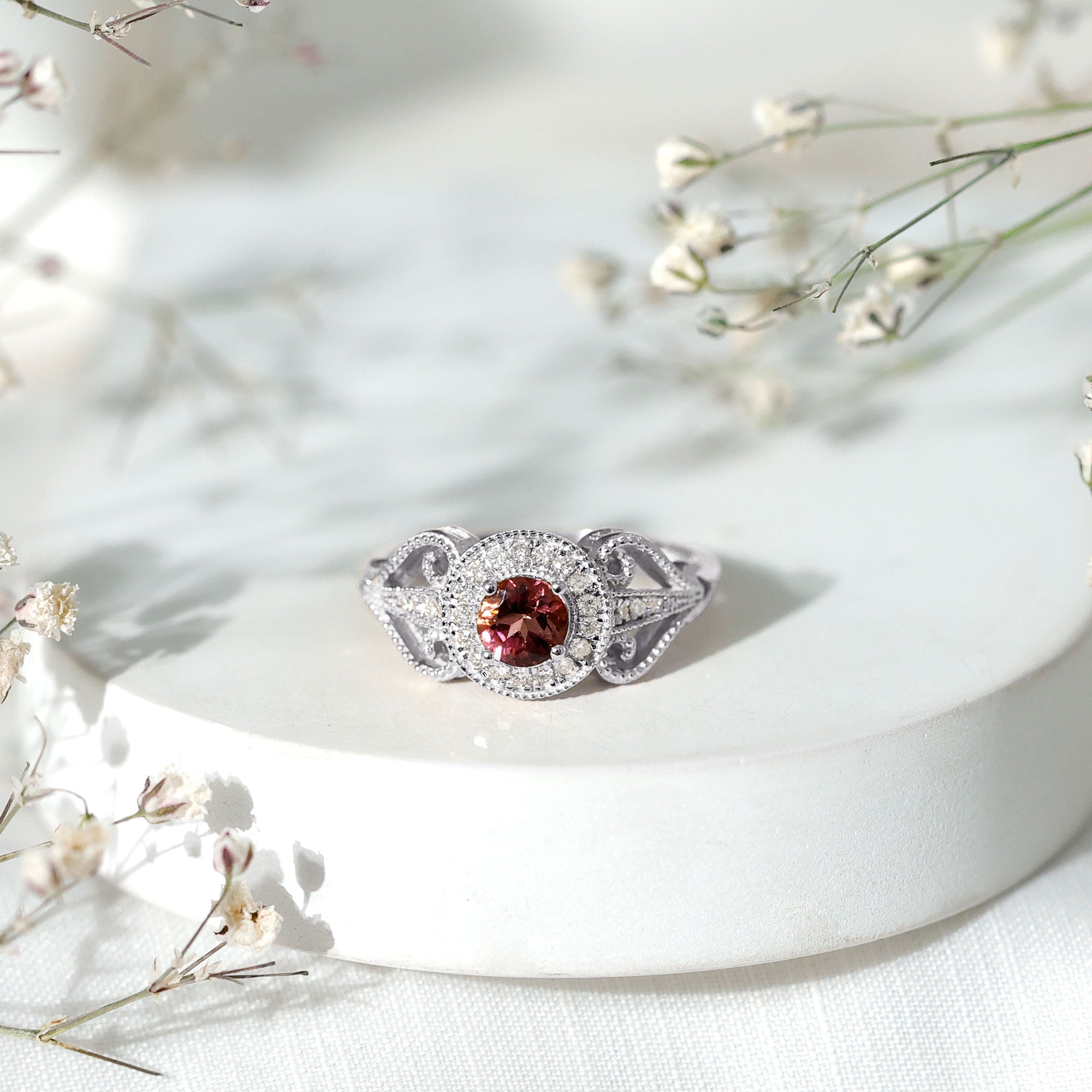 Vintage Pink Tourmaline Diamond Engagement Ring with Halo