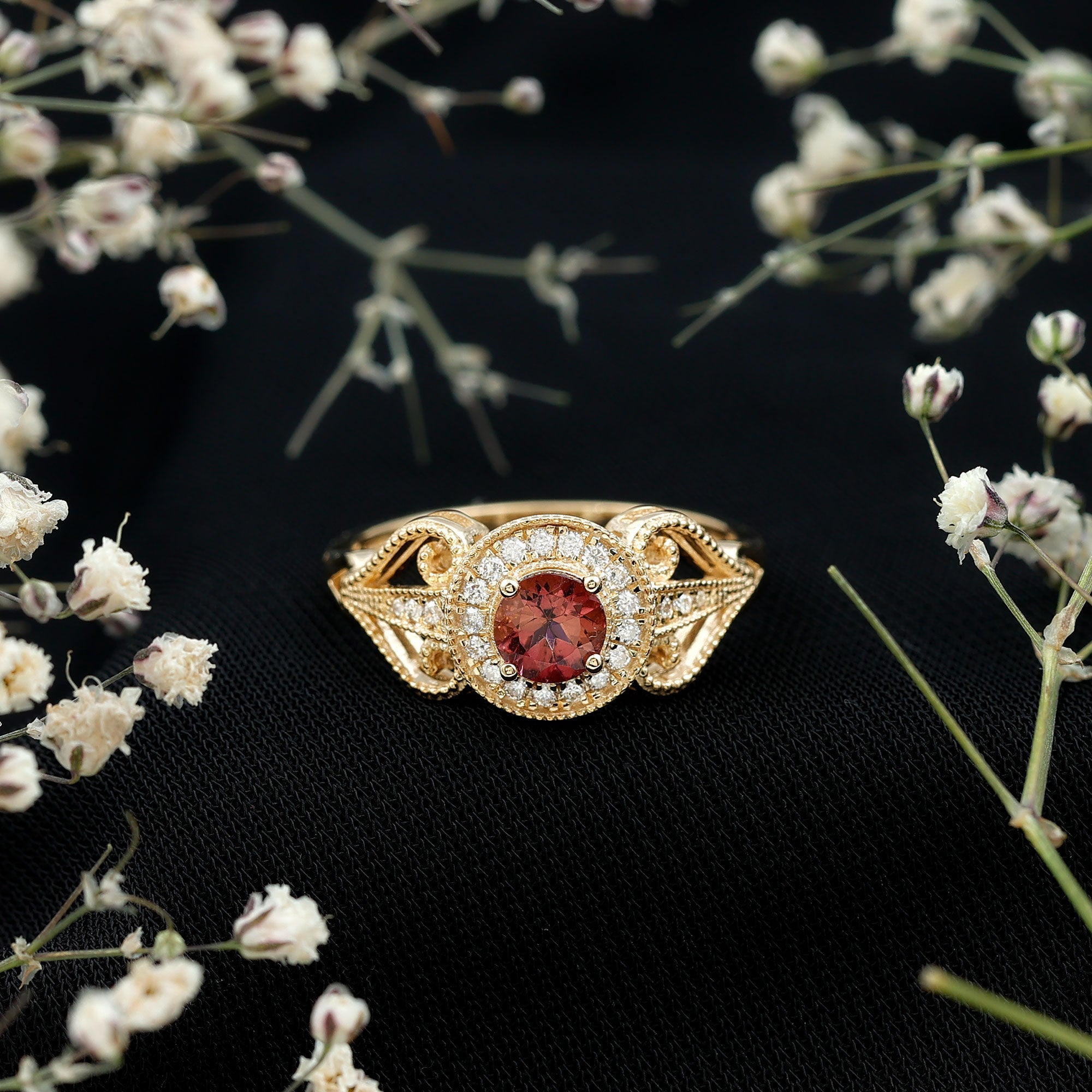 Vintage Pink Tourmaline Diamond Engagement Ring with Halo