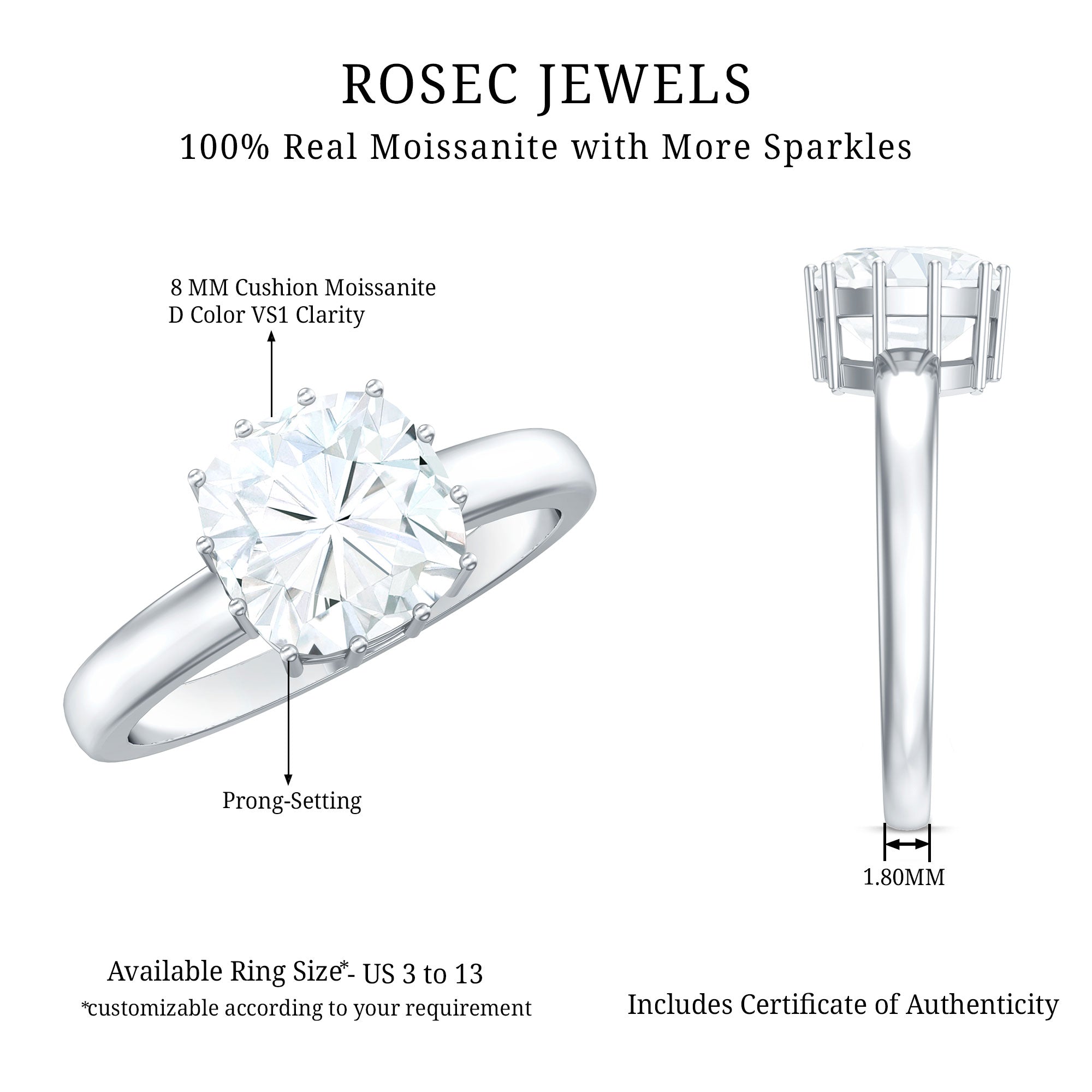 Certified 3 Carat Cushion Cut Moissanite Solitaire Engagement Ring