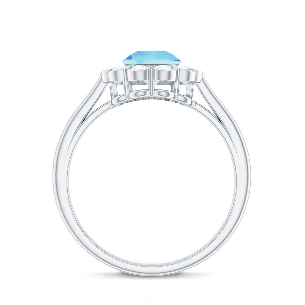 Certified 0.8 Carat Real Aquamarine Engagement Ring with Diamond Flower Halo