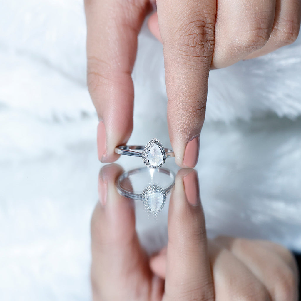 Pear Shaped Moonstone Halo Engagement Ring with Diamond