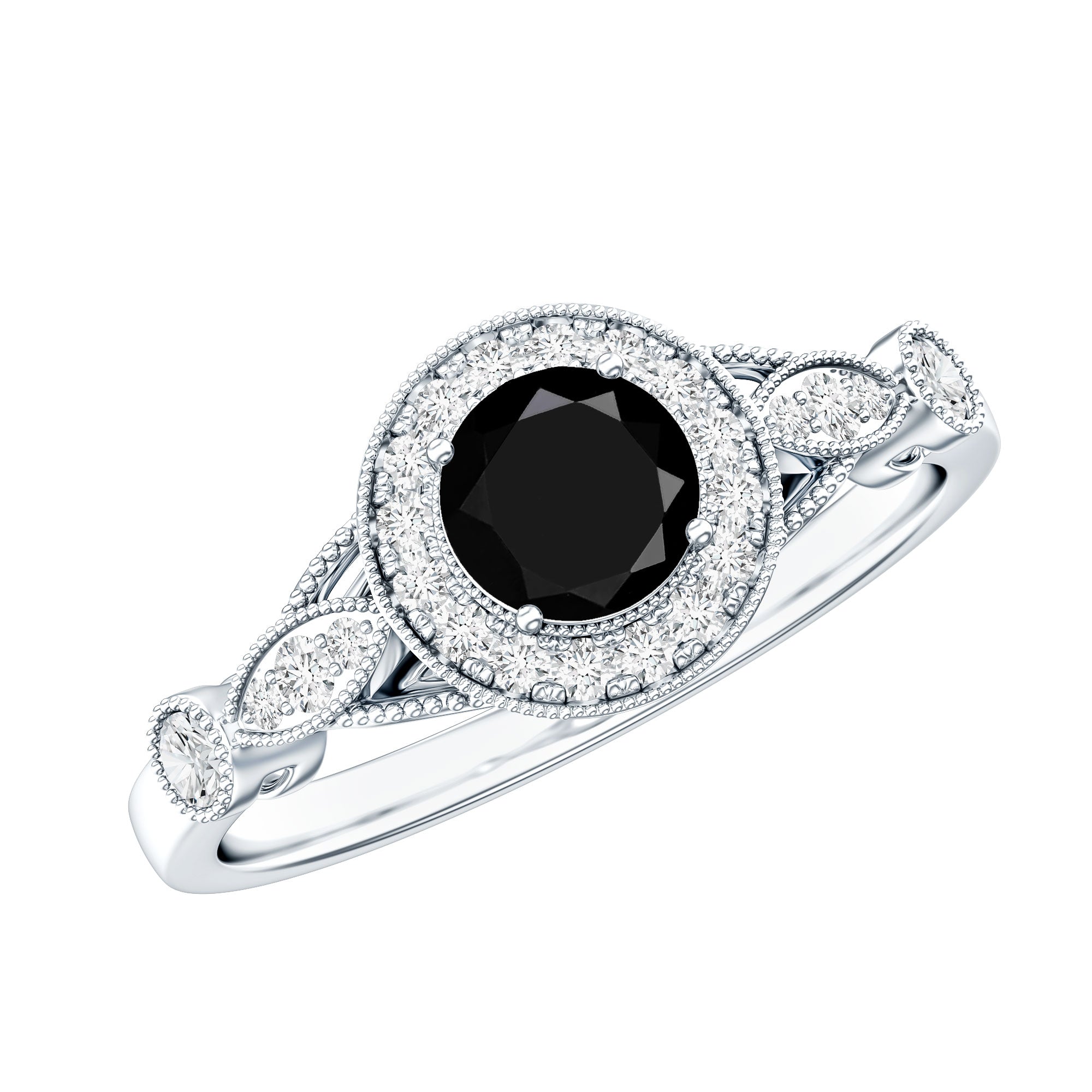 Vintage Inspired 0.8 Carat Lab Grown Black and White Diamond Engagement Ring with Halo