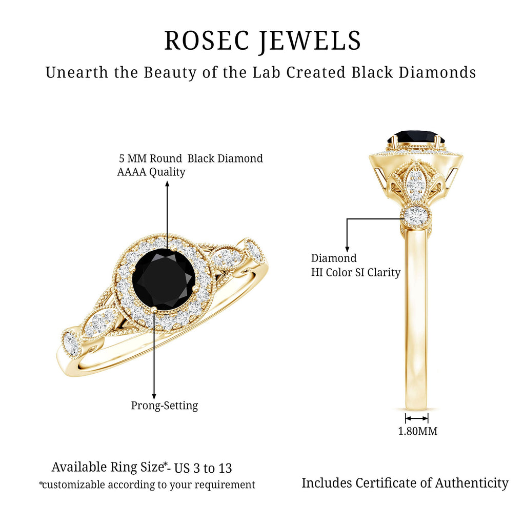 Vintage Inspired 0.8 Carat Lab Grown Black and White Diamond Engagement Ring with Halo