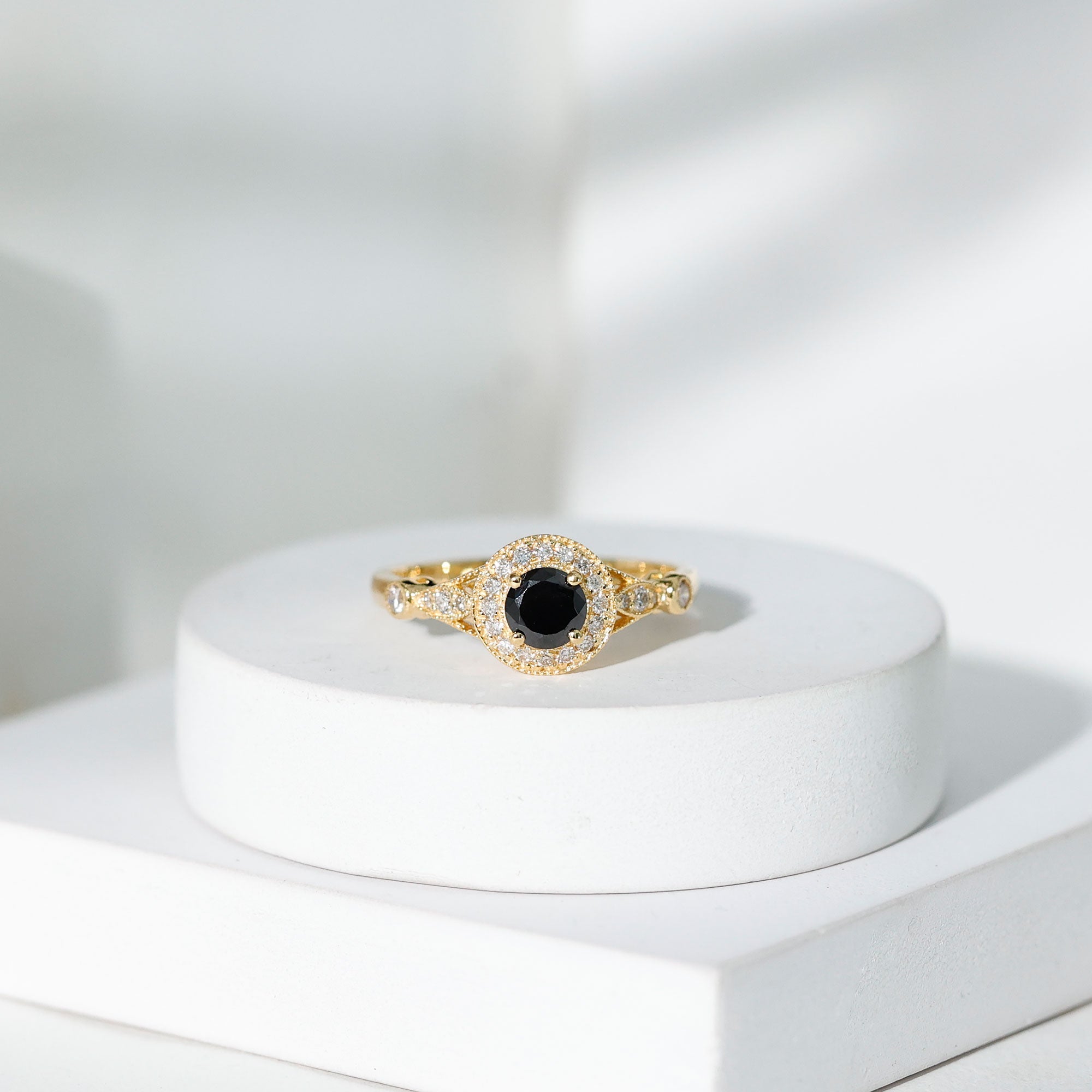 Vintage Inspired 0.8 Carat Lab Grown Black and White Diamond Engagement Ring with Halo