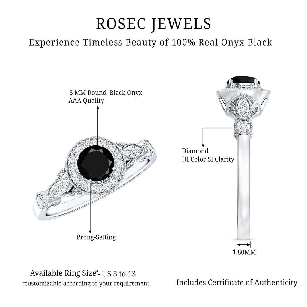 Vintage Inspired Black Onyx and Diamond Engagement Ring