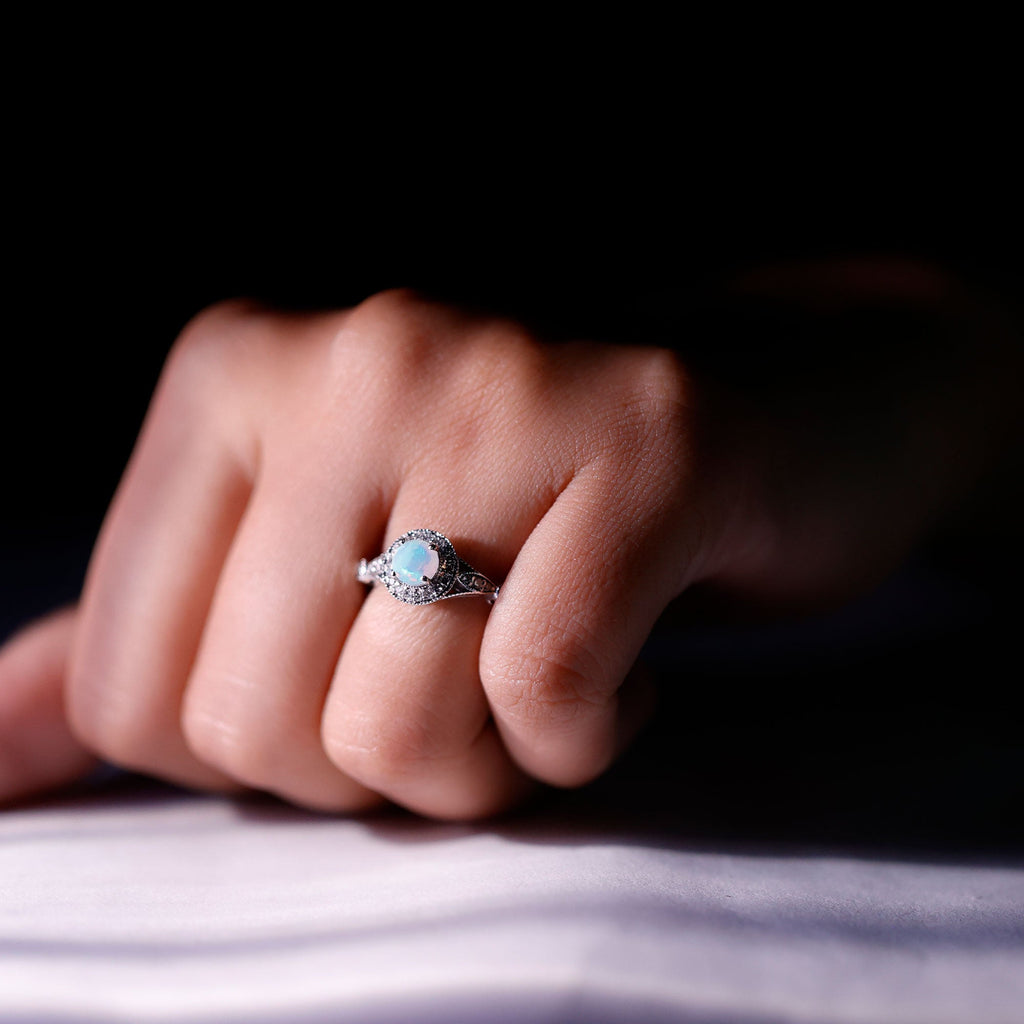 Genuine Ethiopian Opal Antique Looking Engagement Ring with Diamond Halo