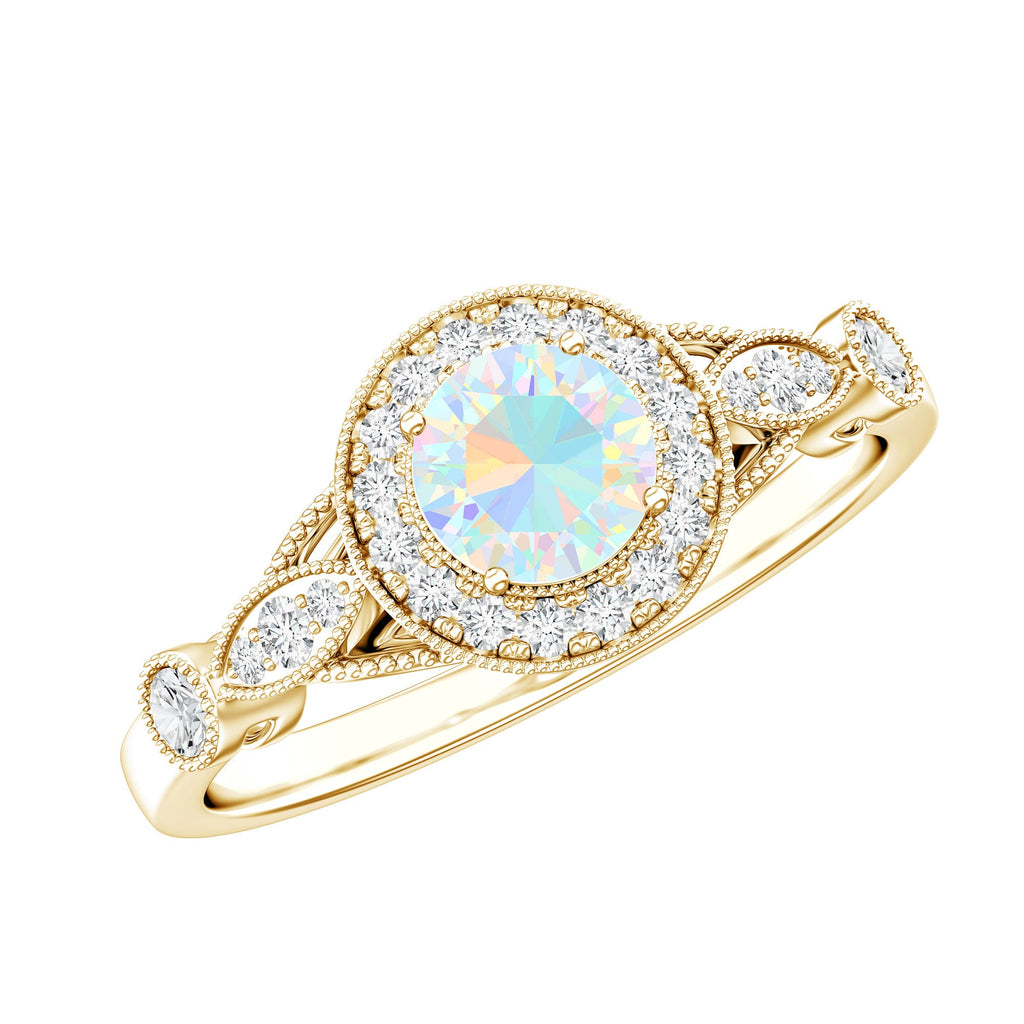 Genuine Ethiopian Opal Antique Looking Engagement Ring with Diamond Halo