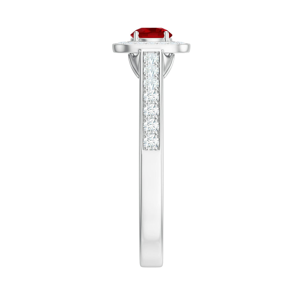 Vintage Style Lab Ruby and Diamond Halo Engagement Ring