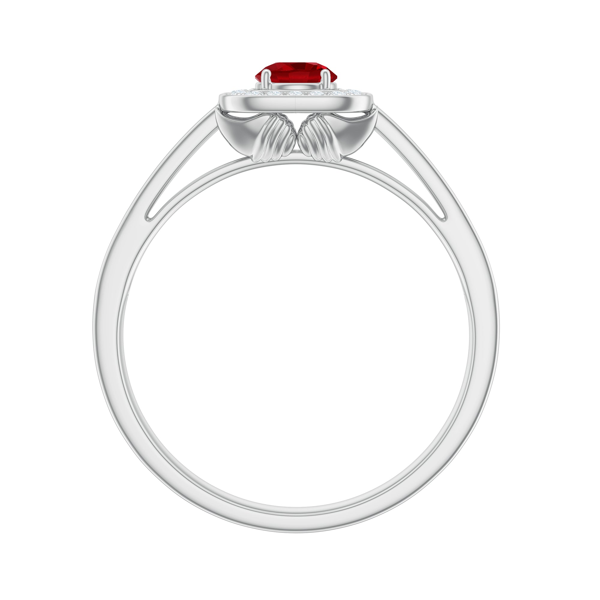 Vintage Style Lab Ruby and Diamond Halo Engagement Ring