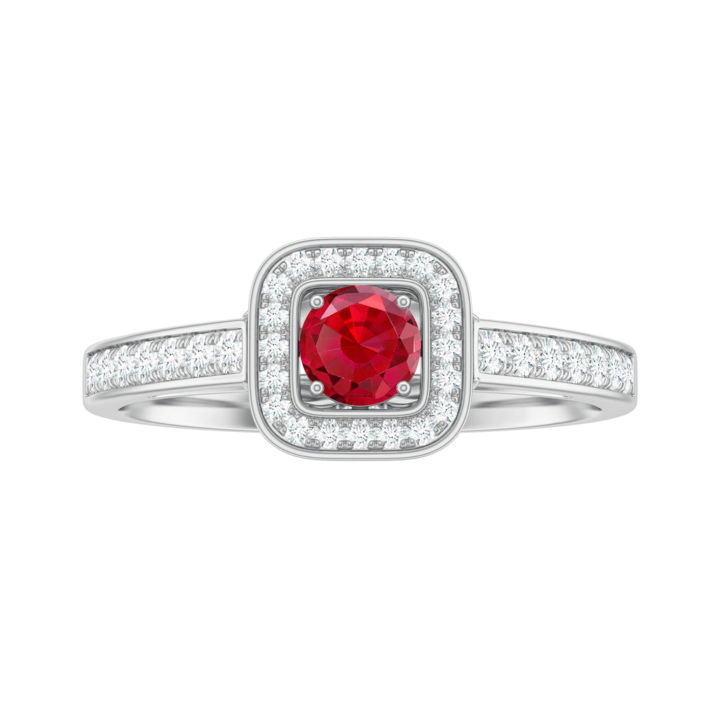 Vintage Style Lab Ruby and Diamond Halo Engagement Ring