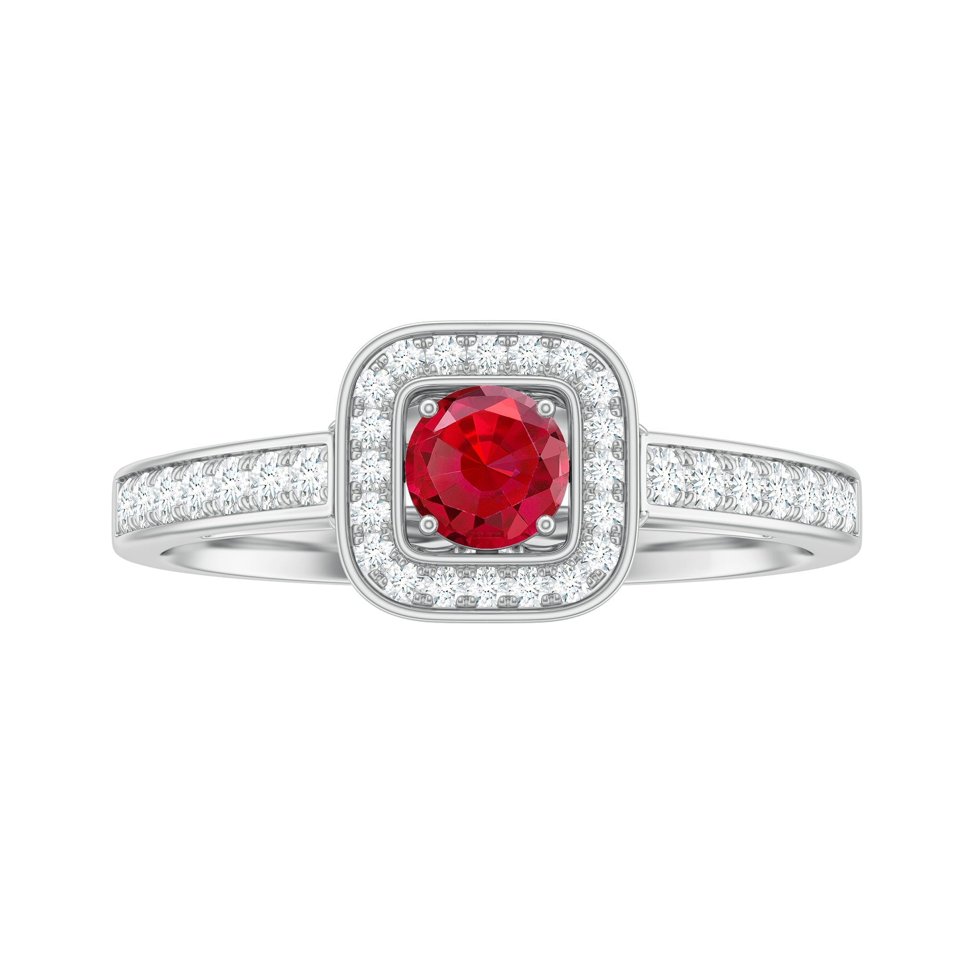 Vintage Style Lab Ruby and Diamond Halo Engagement Ring