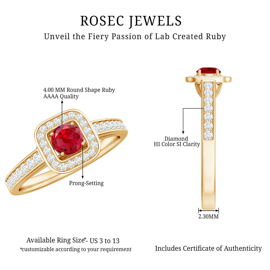 Vintage Style Lab Ruby and Diamond Halo Engagement Ring