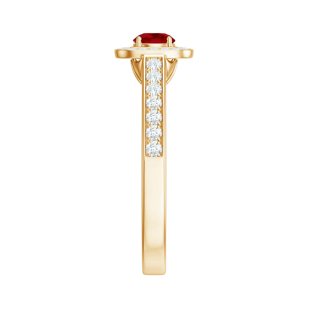Vintage Style Lab Ruby and Diamond Halo Engagement Ring