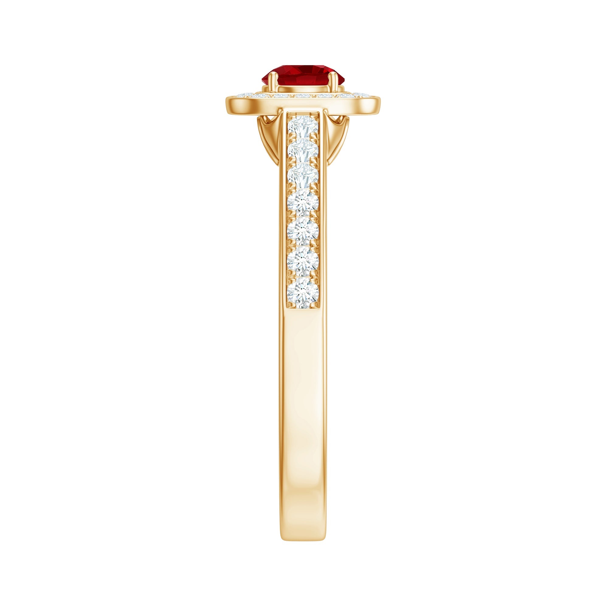 Vintage Style Lab Ruby and Diamond Halo Engagement Ring