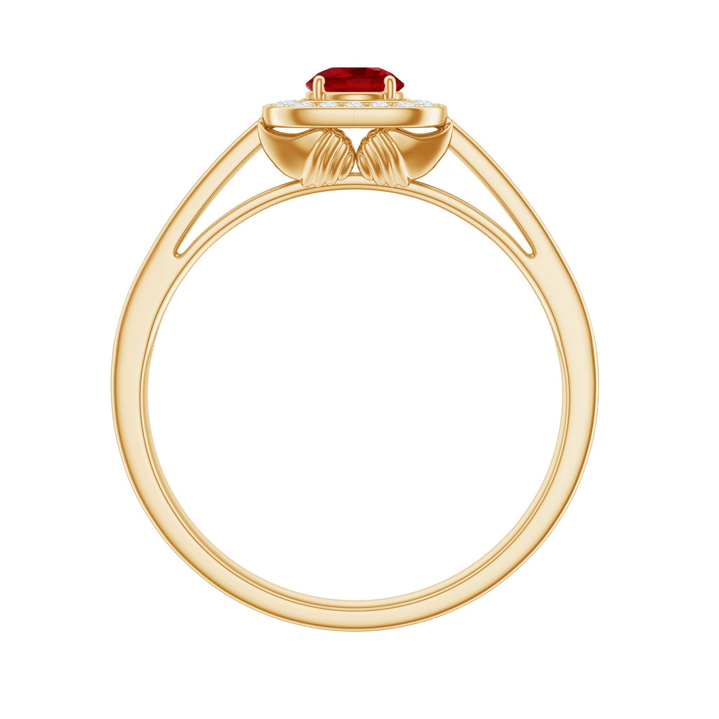 Vintage Style Lab Ruby and Diamond Halo Engagement Ring