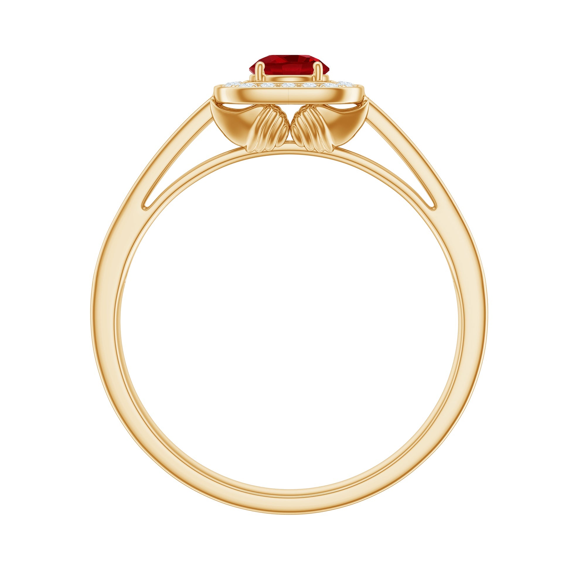 Vintage Style Lab Ruby and Diamond Halo Engagement Ring