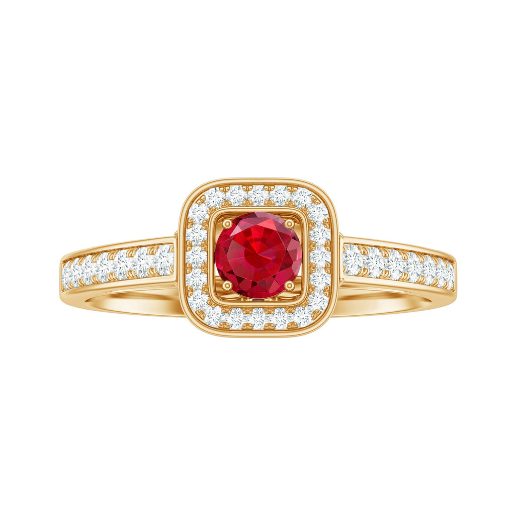 Vintage Style Lab Ruby and Diamond Halo Engagement Ring