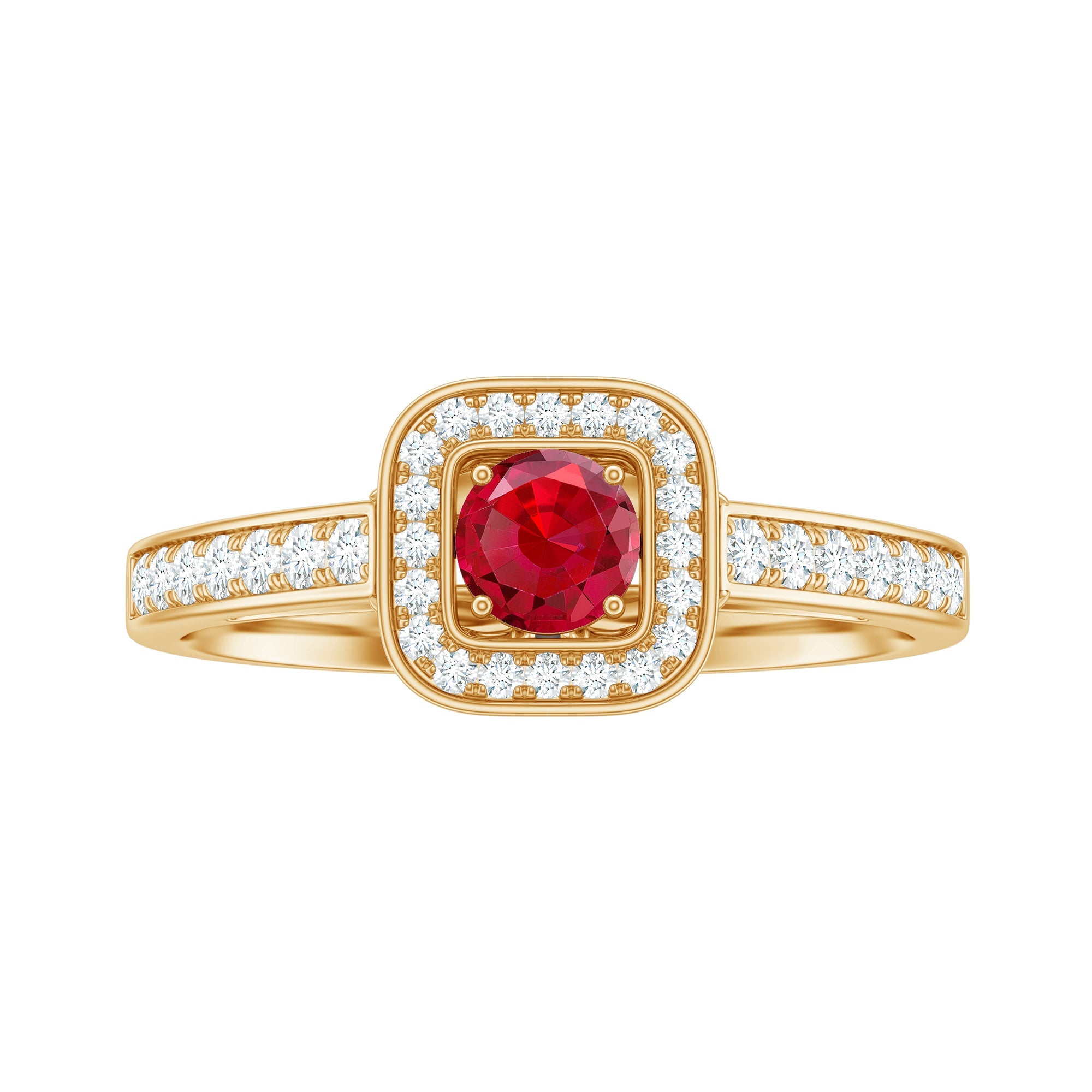 Vintage Style Lab Ruby and Diamond Halo Engagement Ring