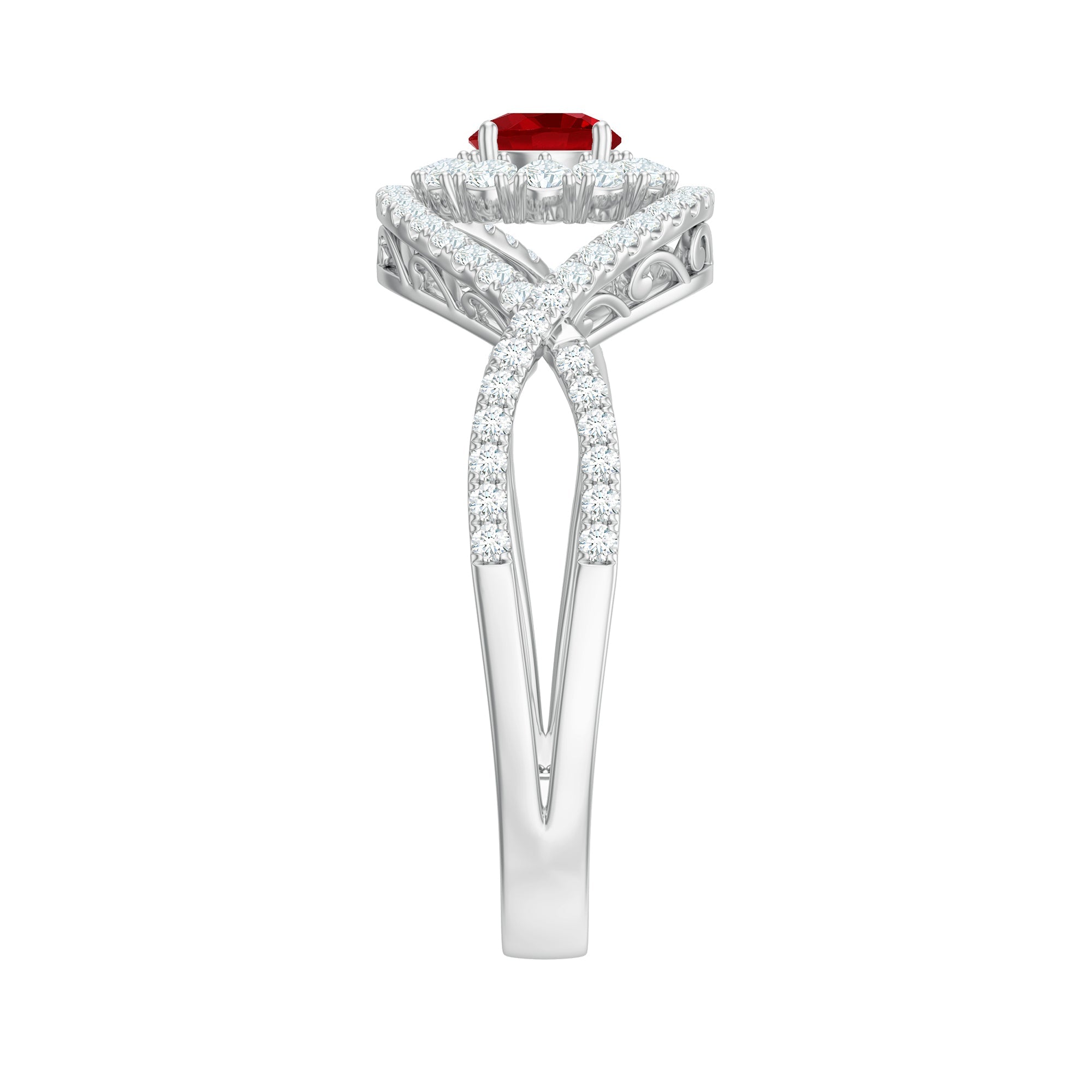 Certified Lab Ruby and Diamond Crossover Engagement Ring with Halo
