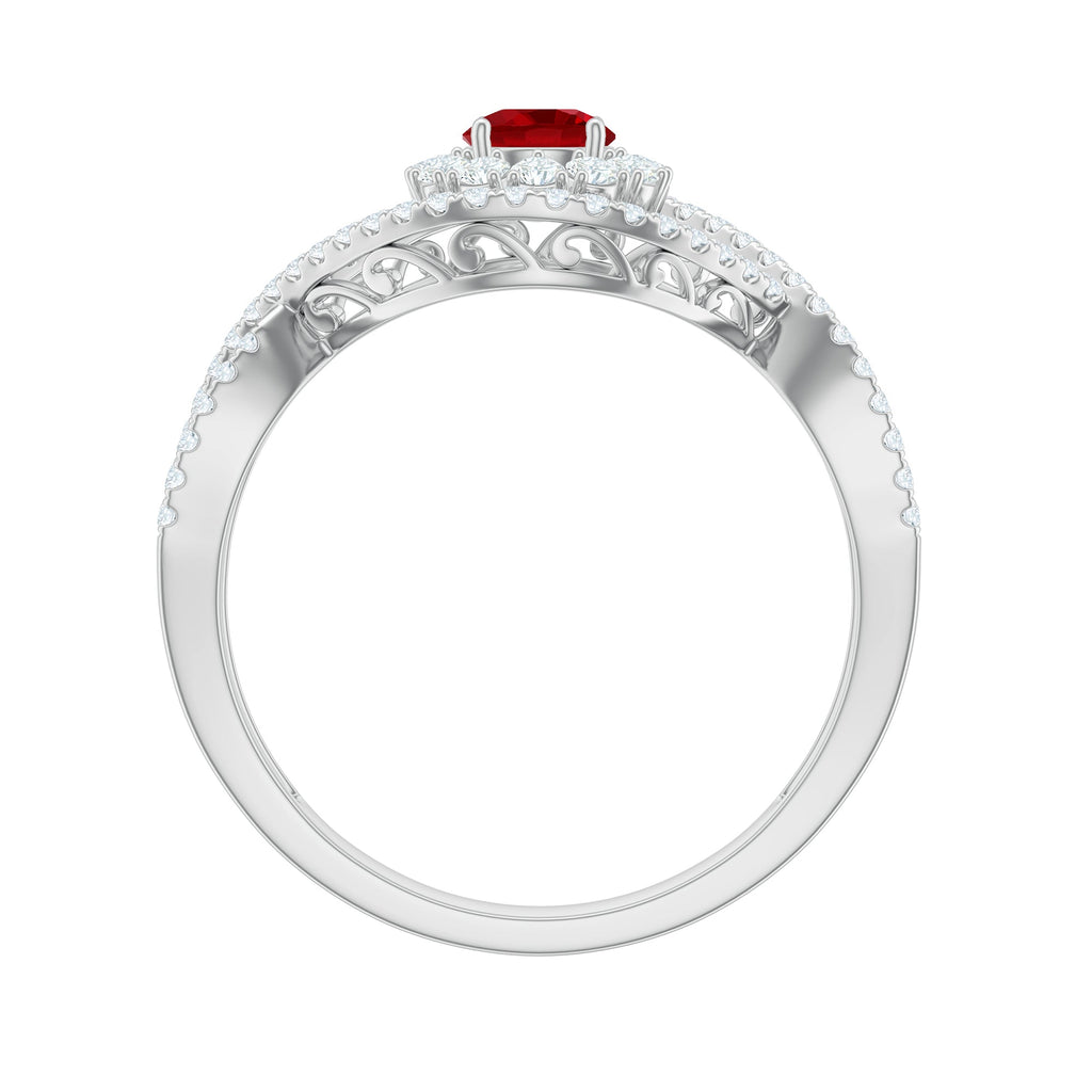 Certified Lab Ruby and Diamond Crossover Engagement Ring with Halo