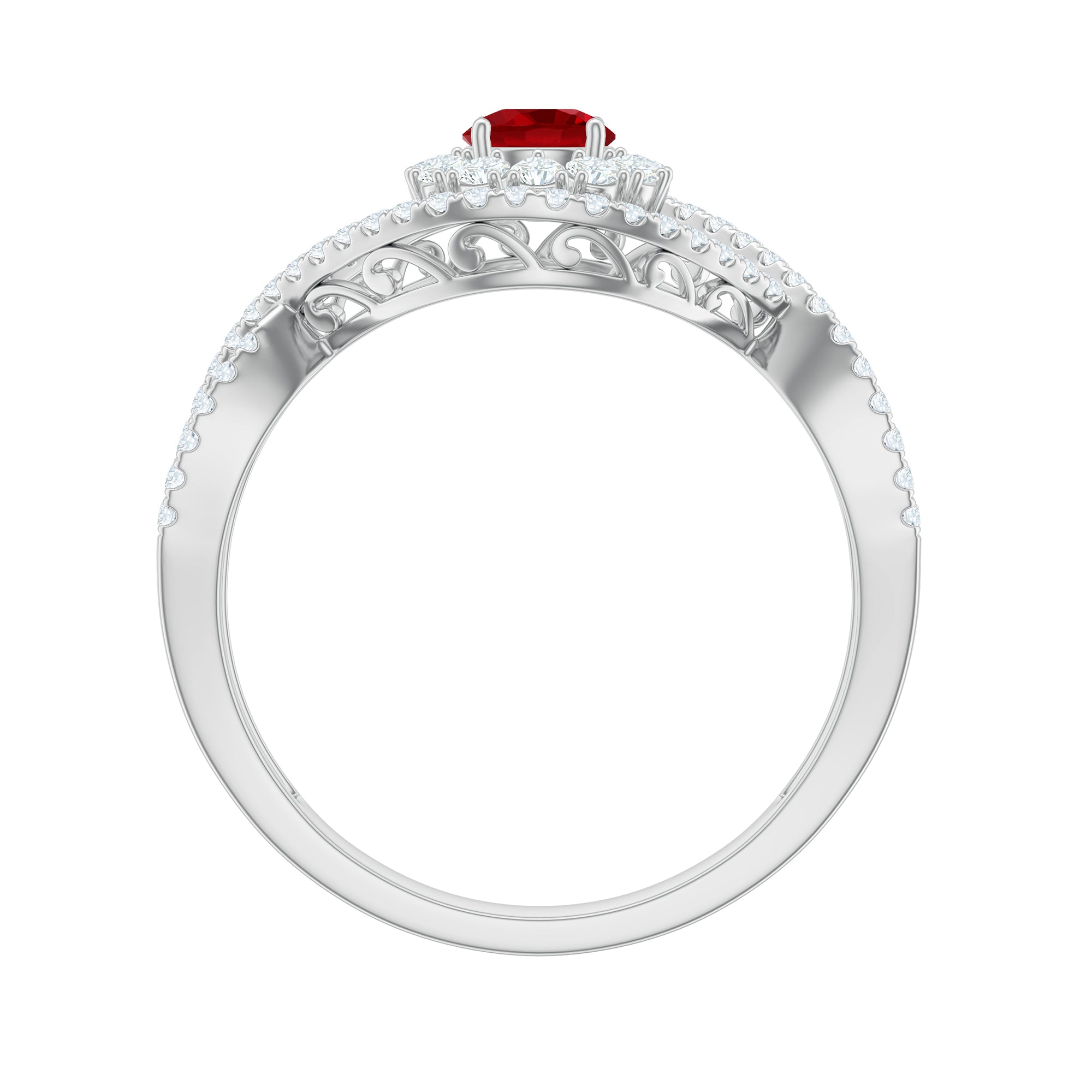 Certified Lab Ruby and Diamond Crossover Engagement Ring with Halo