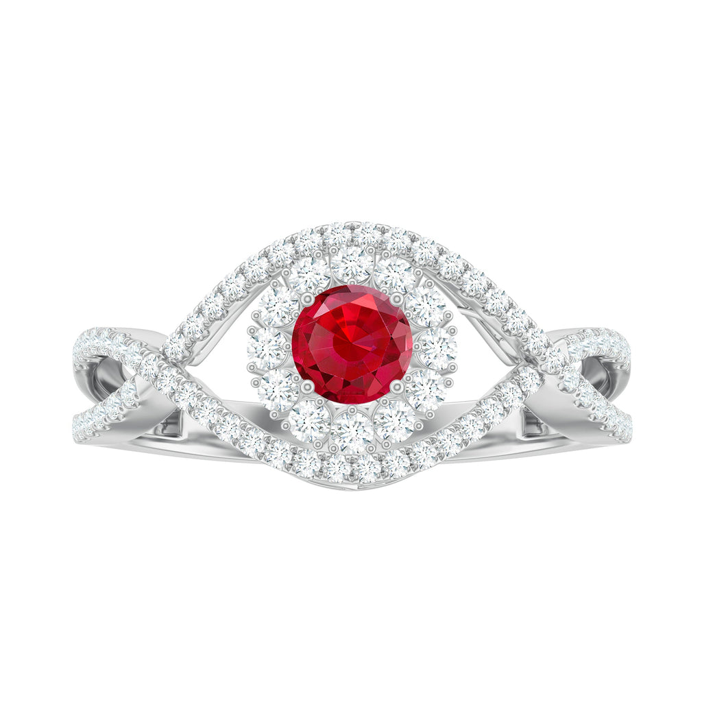 Certified Lab Ruby and Diamond Crossover Engagement Ring with Halo
