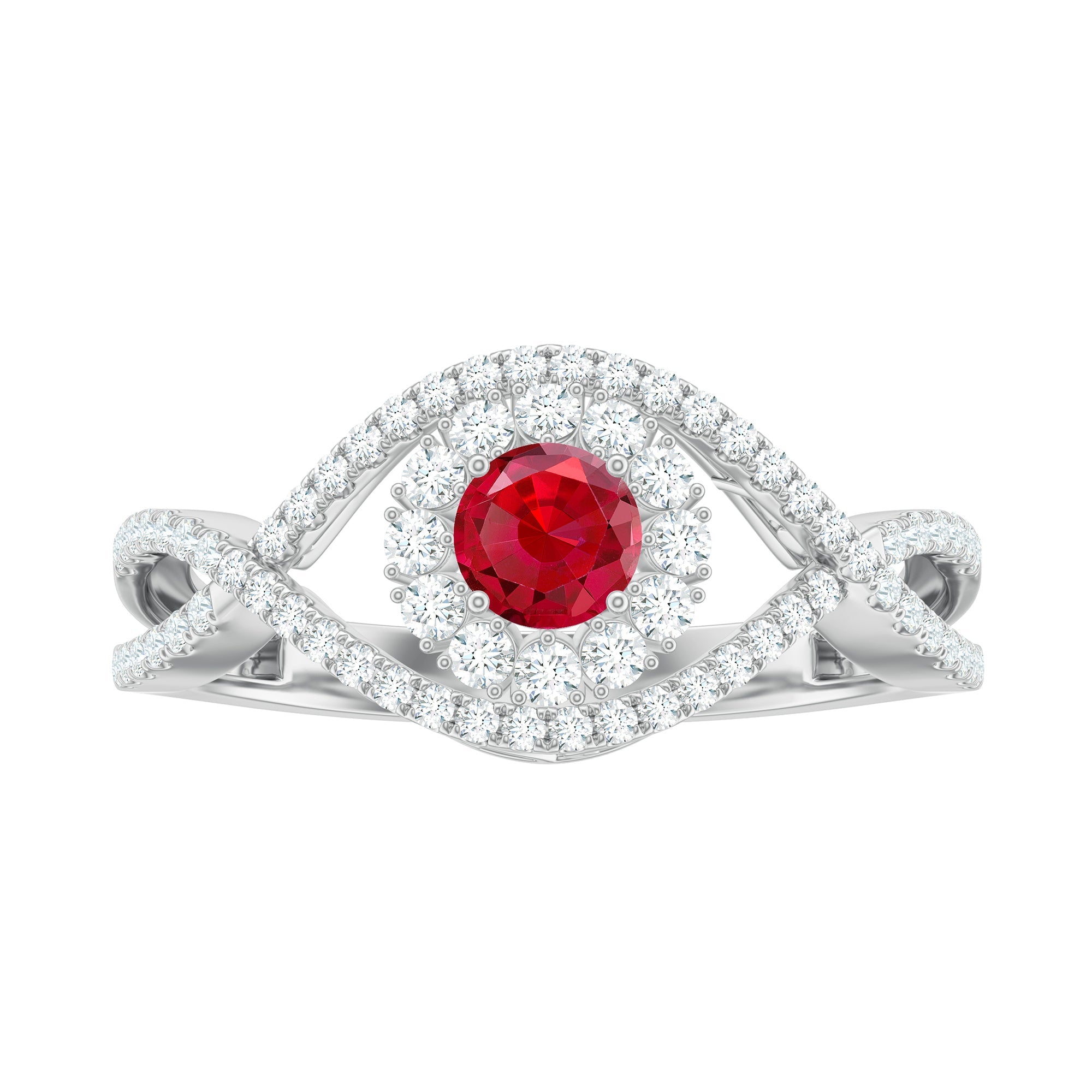 Certified Lab Ruby and Diamond Crossover Engagement Ring with Halo