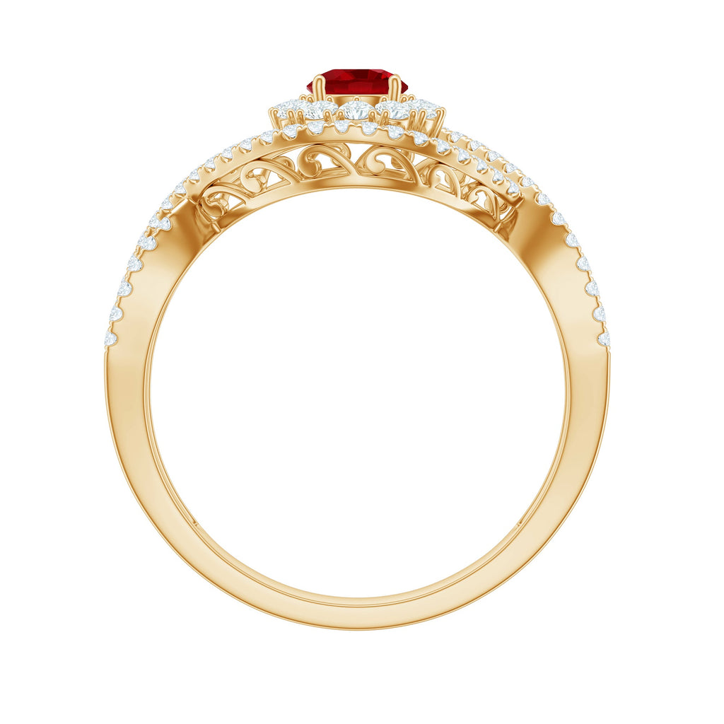 Certified Lab Ruby and Diamond Crossover Engagement Ring with Halo