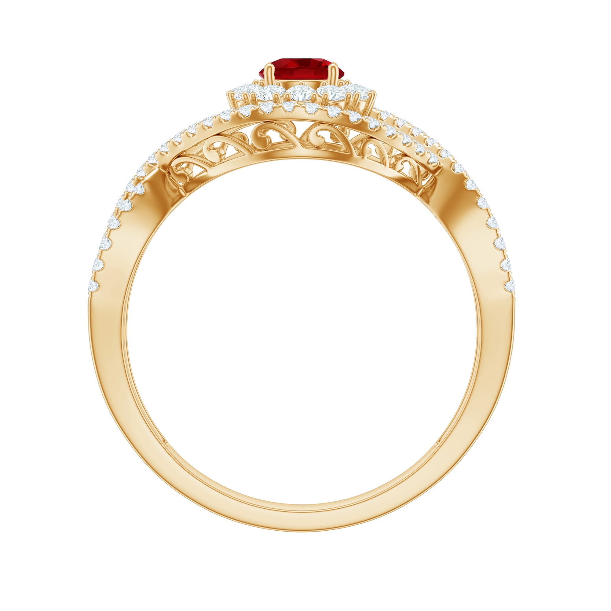 Certified Lab Ruby and Diamond Crossover Engagement Ring with Halo
