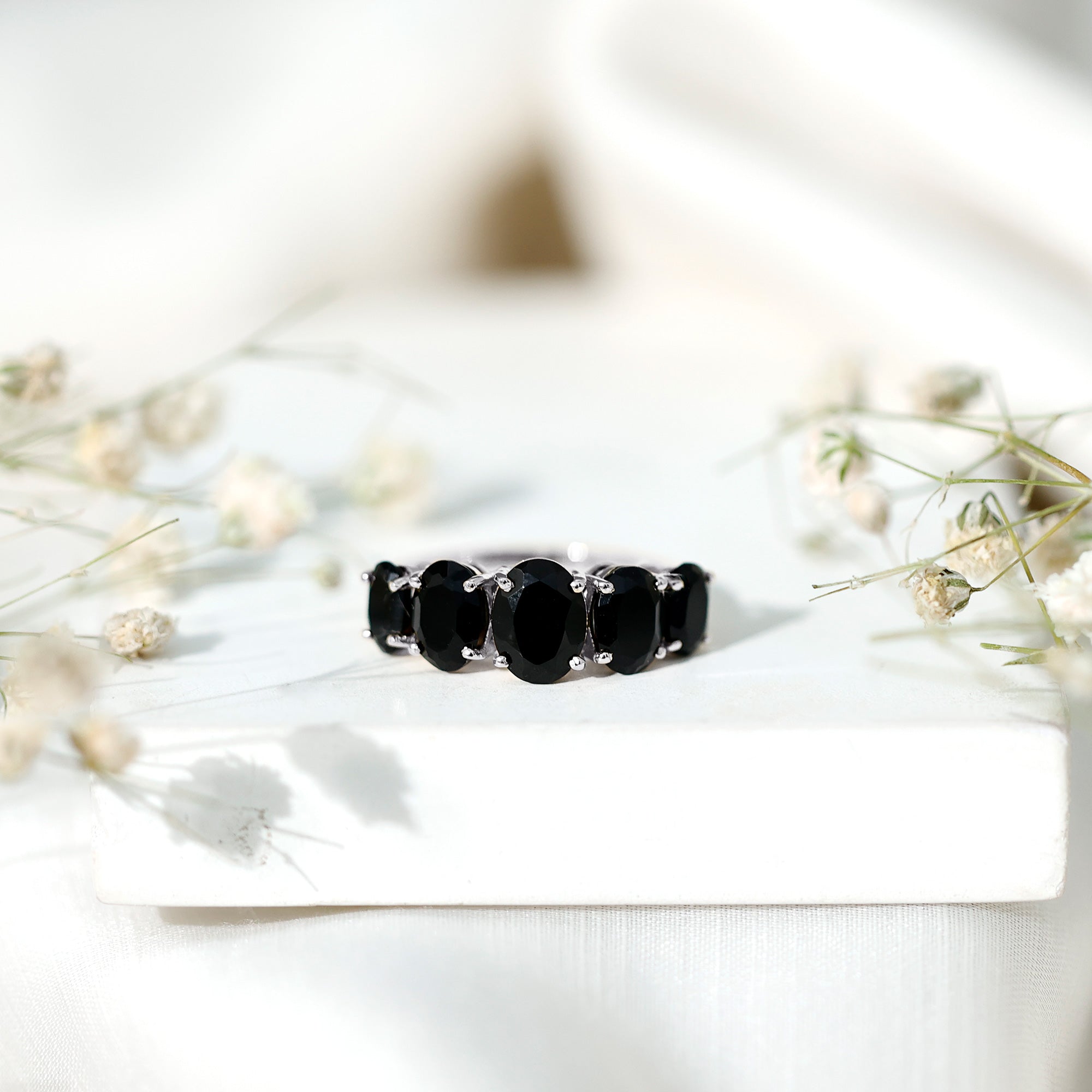Oval Shaped Black Onyx 5 Stone Anniversary Ring