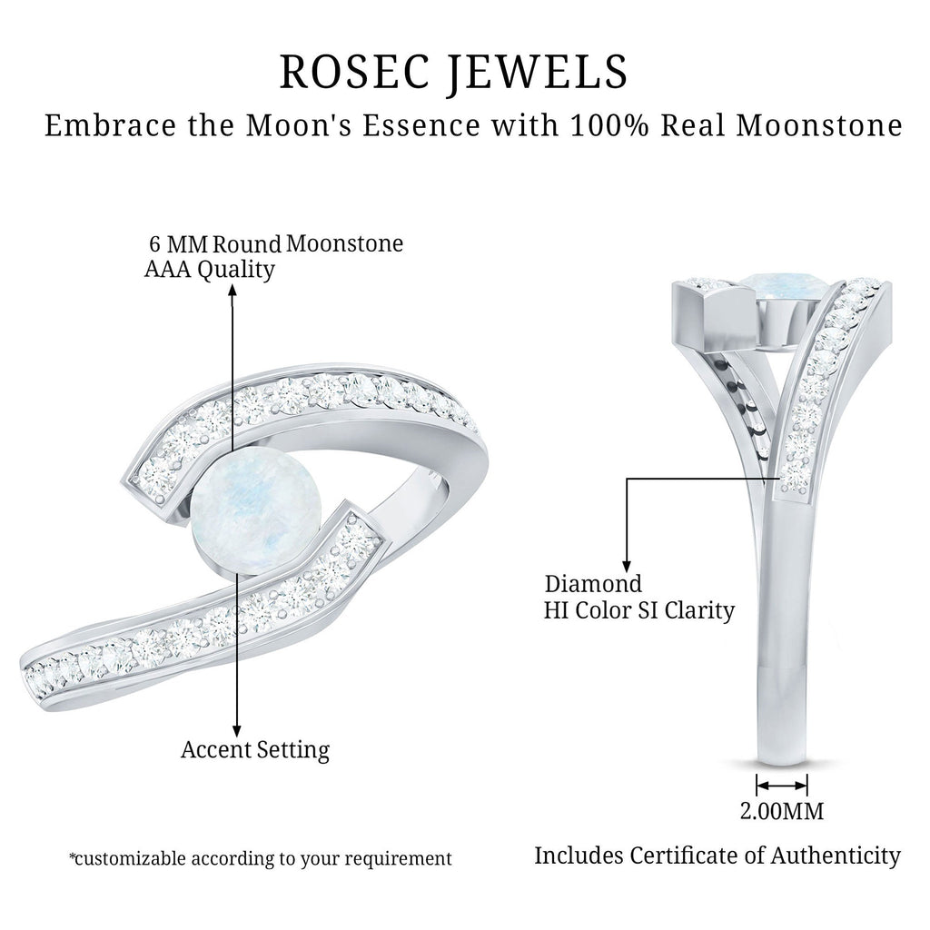 Real Moonstone Bypass Engagement Ring with Diamond