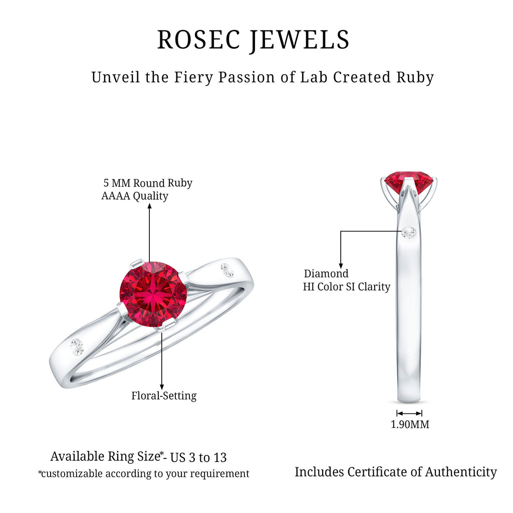 Round Lab Grown Ruby Solitaire Ring with Diamond