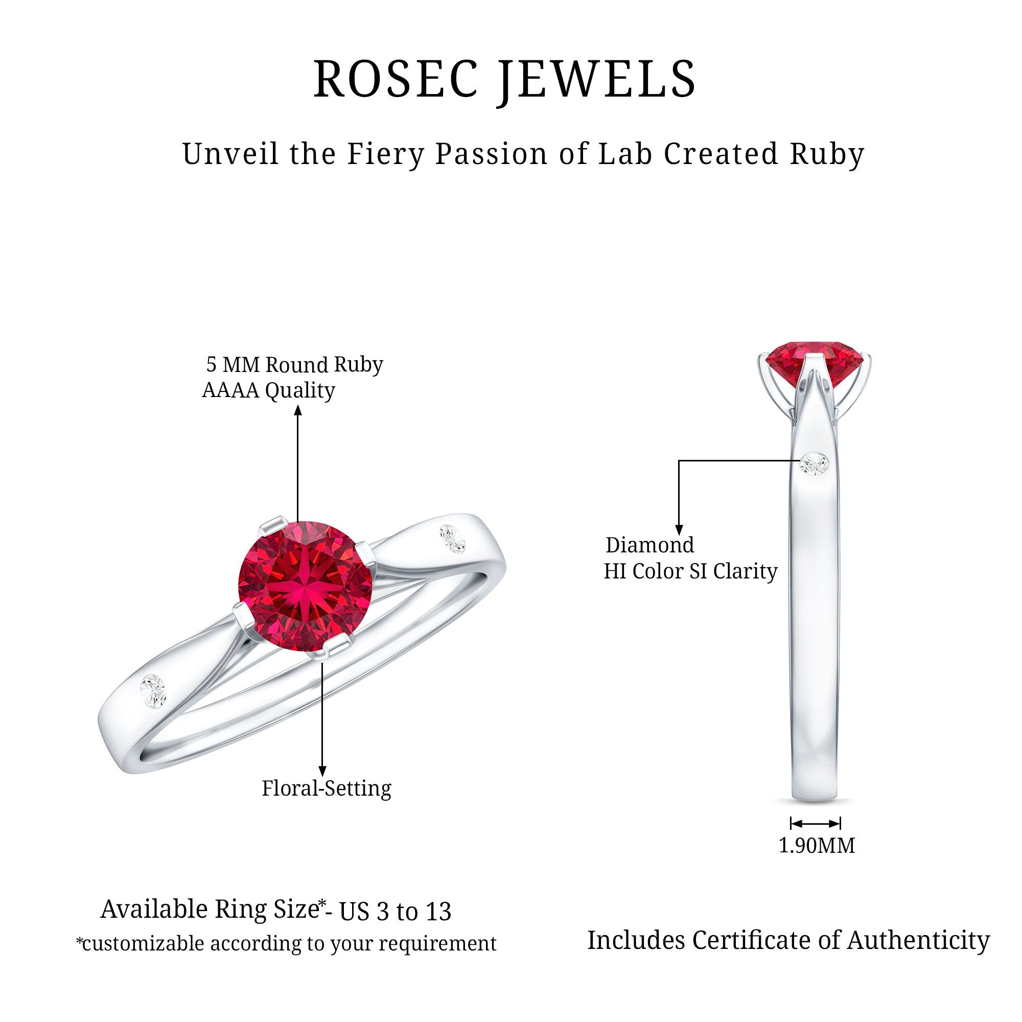 Round Lab Grown Ruby Solitaire Ring with Diamond