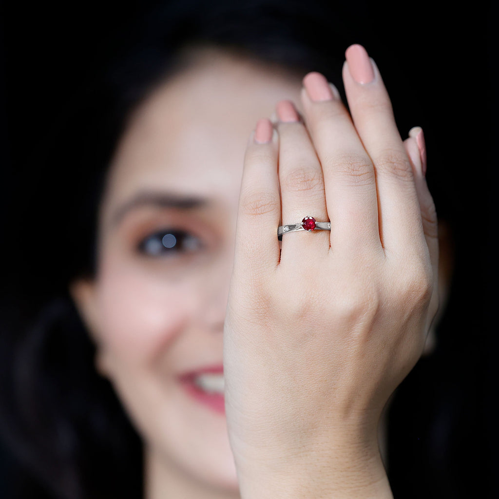 Round Lab Grown Ruby Solitaire Ring with Diamond