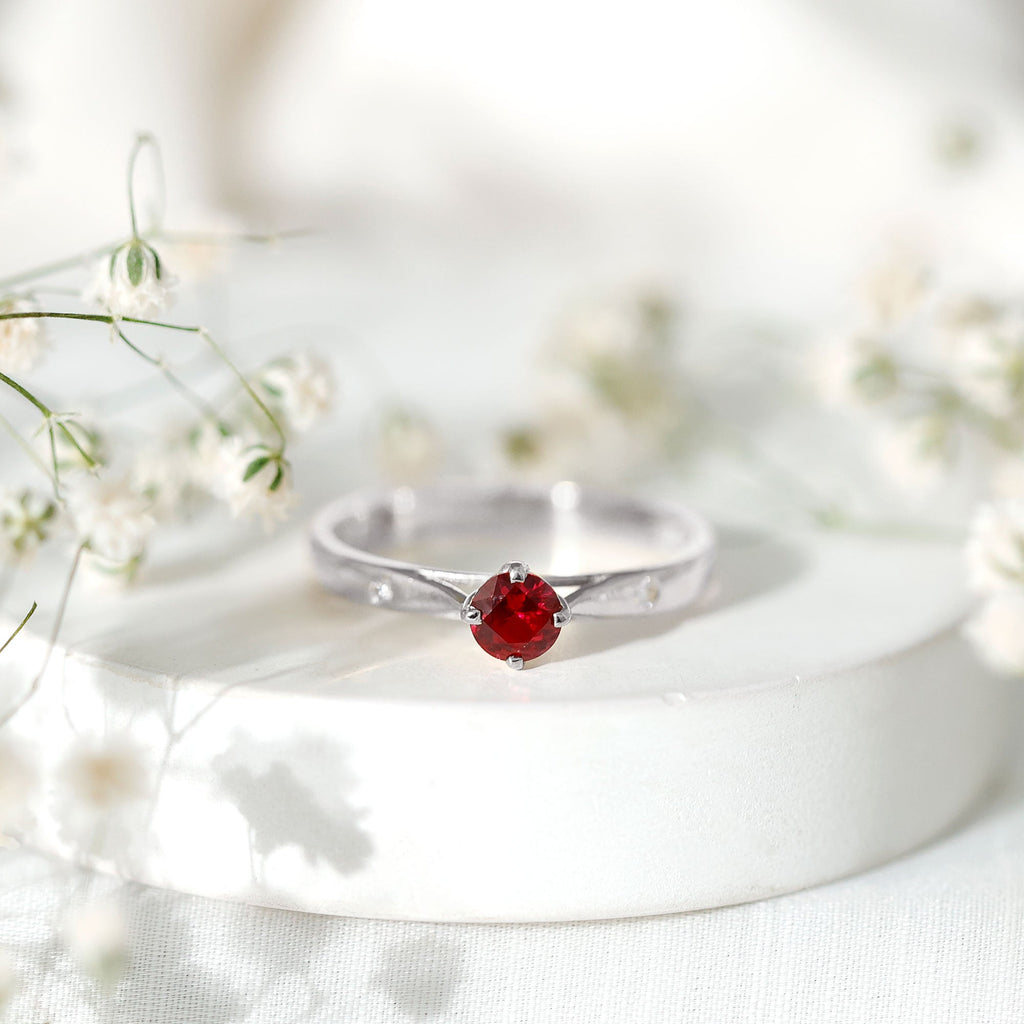 Round Lab Grown Ruby Solitaire Ring with Diamond