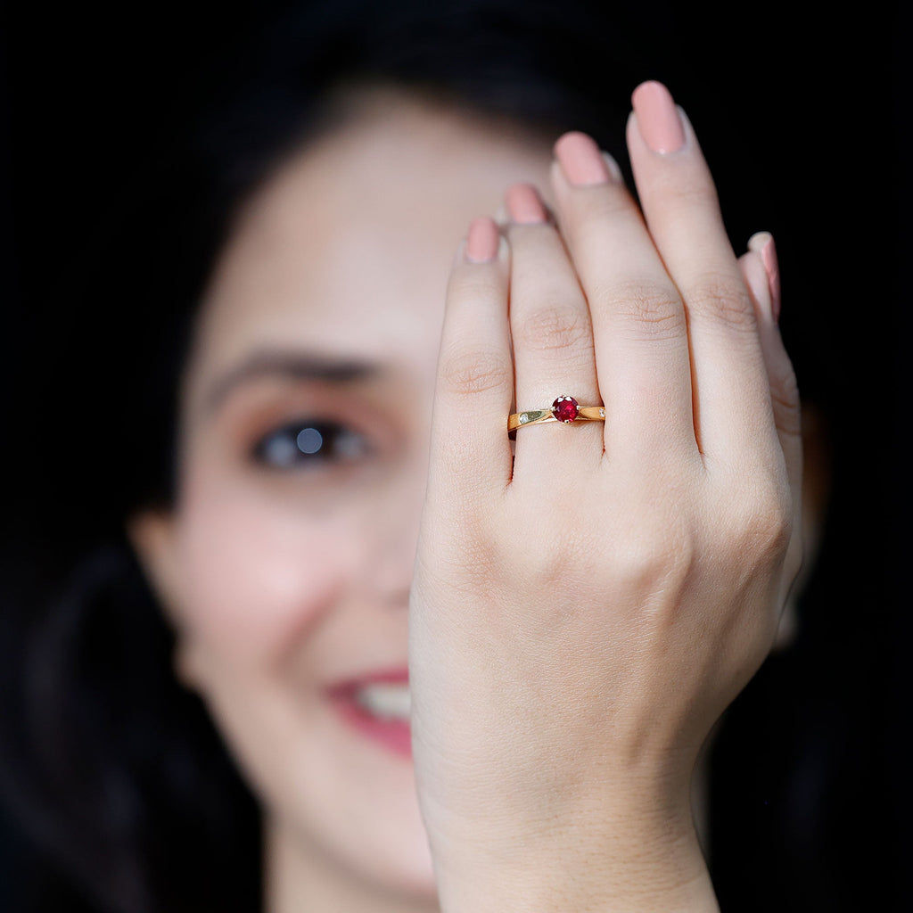 Round Lab Grown Ruby Solitaire Ring with Diamond